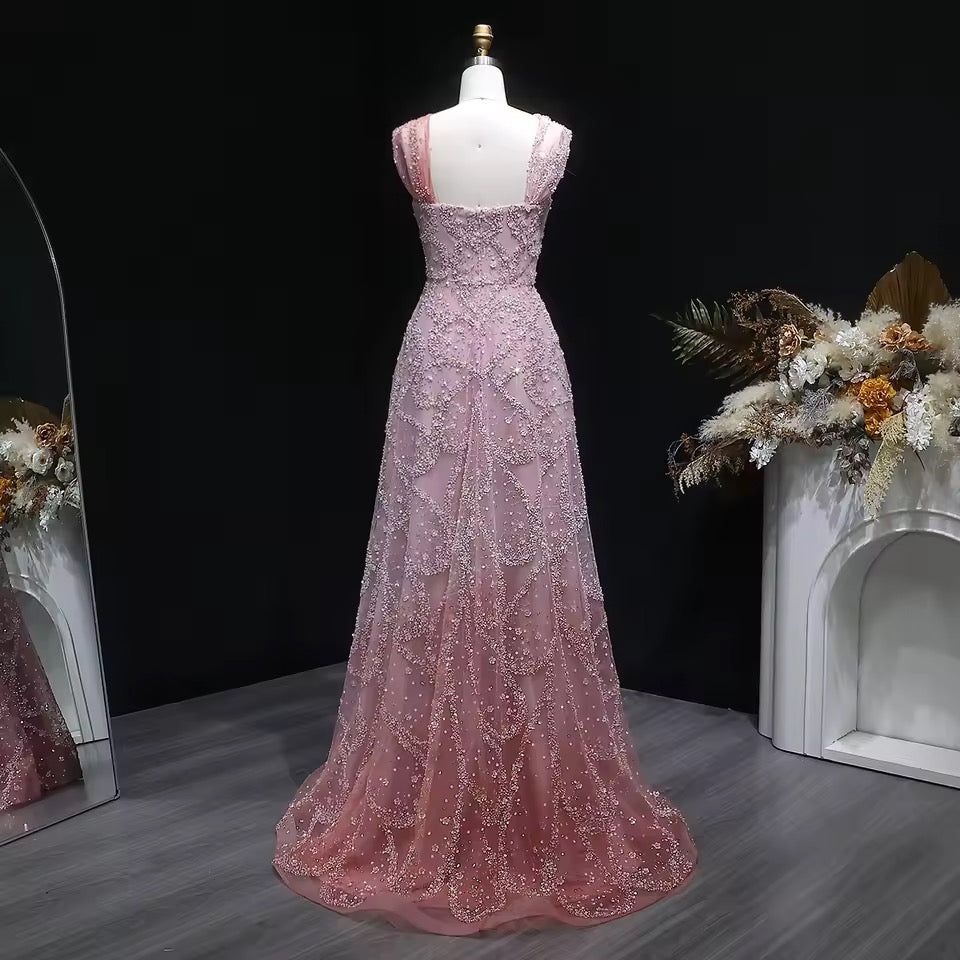 Elegant Dusty Rose Ombré Gown with Crystal Embroidery