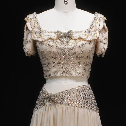 Elegant Fully Beaded Crop Top and Draped Skirt Set with Delicate Bows