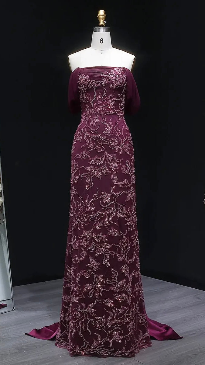 Burgundy "Orchid" Off-Shoulder Gown with Floral Crystal Embroidery and Satin Inset Train
