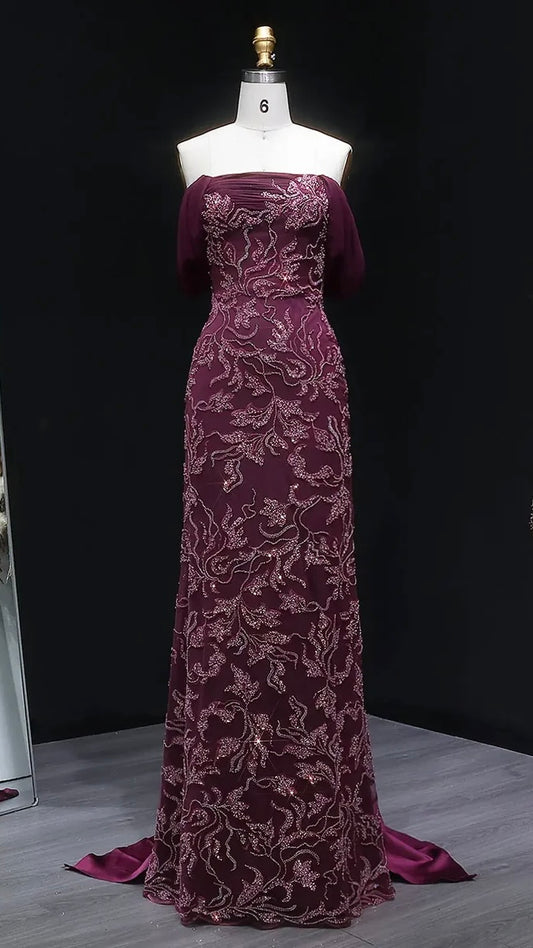 Burgundy "Orchid" Off-Shoulder Gown with Floral Crystal Embroidery and Satin Inset Train