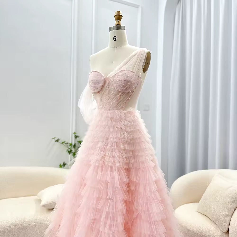 Pink,Lilac Evening Dress One Shoulder Long