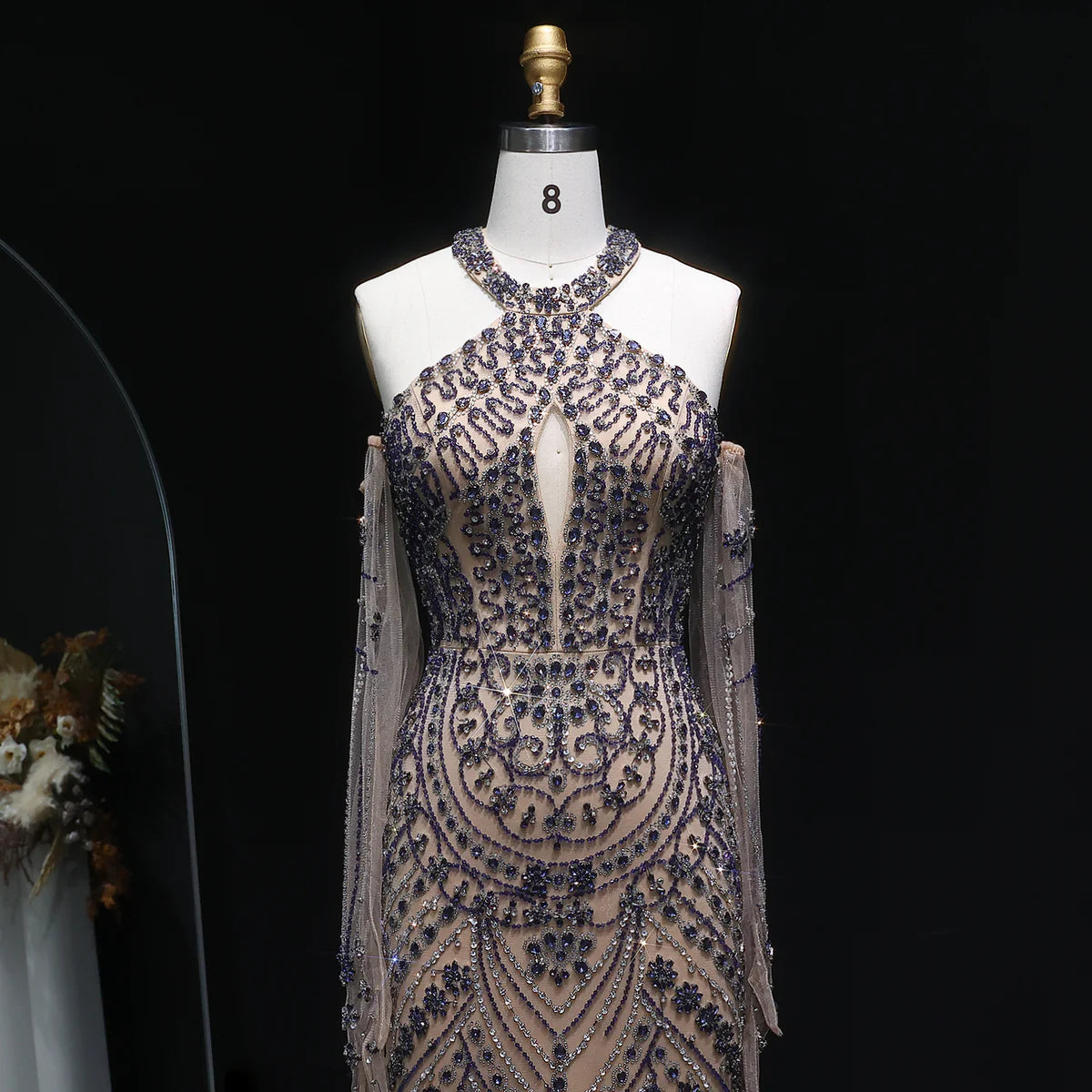 Crystal Embellished Gown with Draped Crystal Gloves and High Neck Cutout Detail