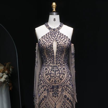 Crystal Embellished Gown with Draped Crystal Gloves and High Neck Cutout Detail