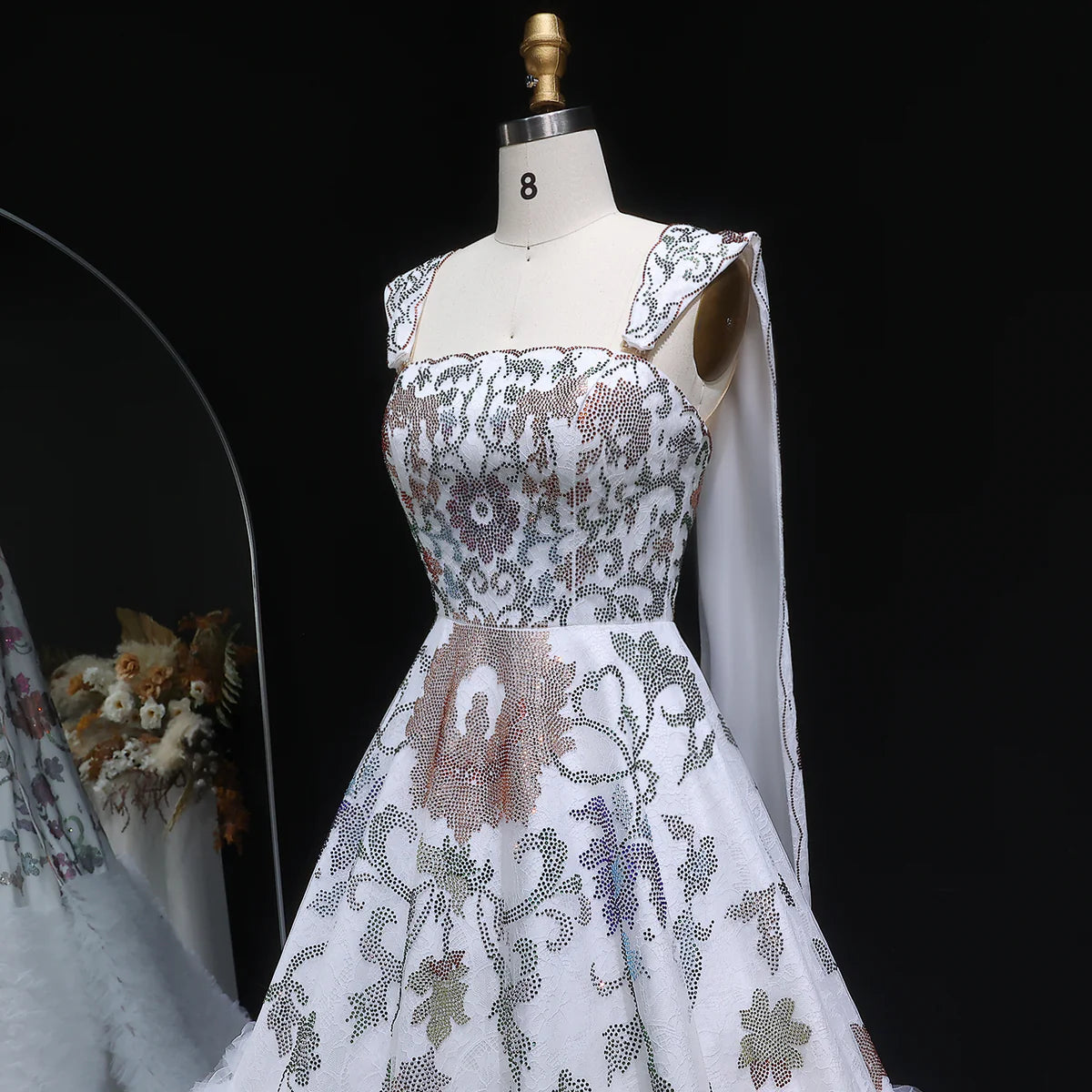 Crystal-Embroidered Couture Gown with Regal Drapes