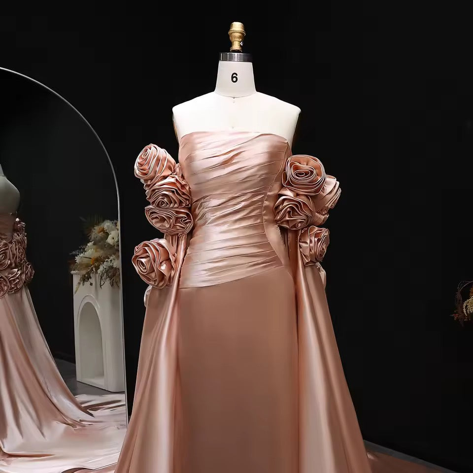 “Blush Garden” Gown – 3D Floral Details & Royal Long Satin Flow
