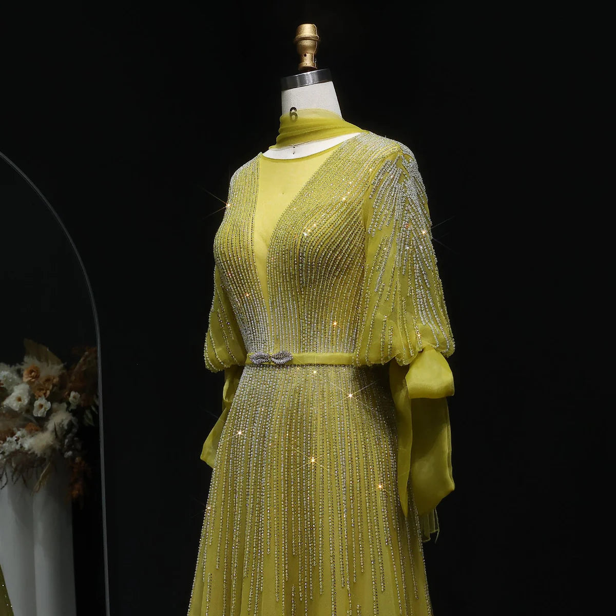 “Lumière Grace” Gown with Draped Sleeves and Vertical Crystal Beading