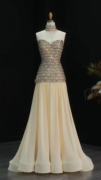 Elegant Fully-Beaded Bodice Dress with Matching Choker and Waist Bow