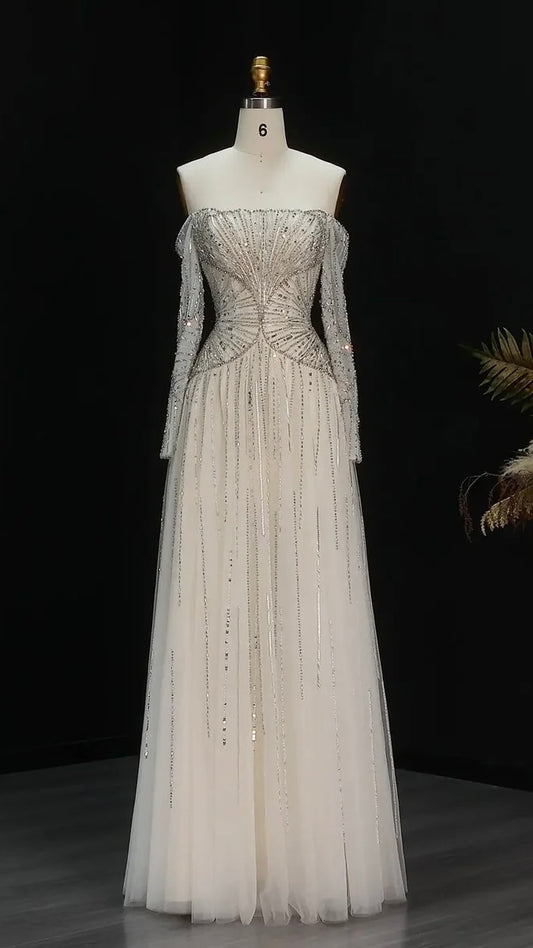 Luxury Off-the-Shoulder Gown with Radiating Linear Crystal Embroidery
