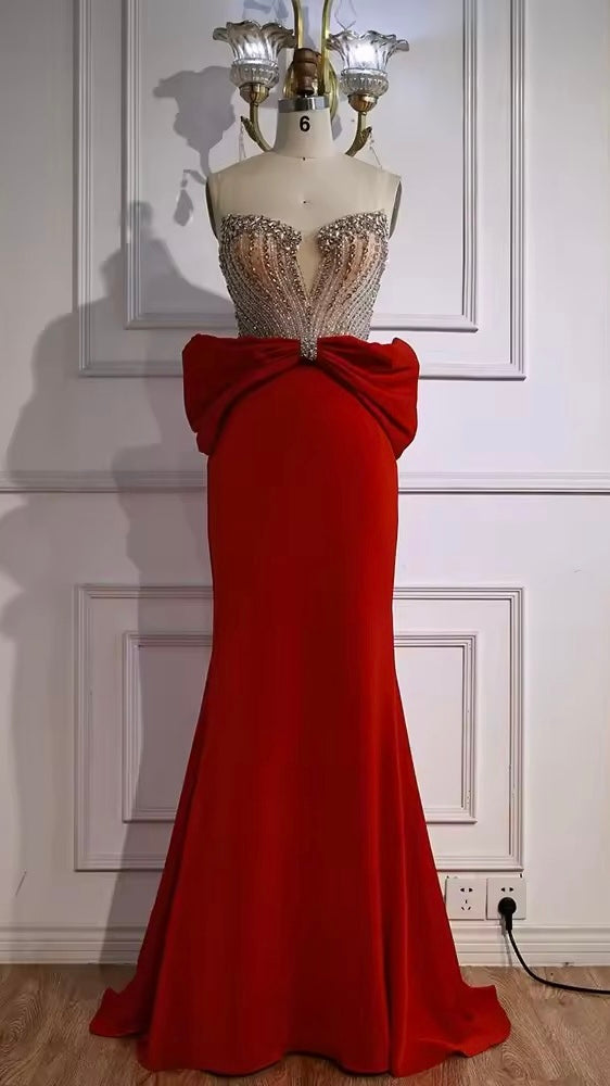 Red Evening Gown with Statement Bow & Luxurious Beading
