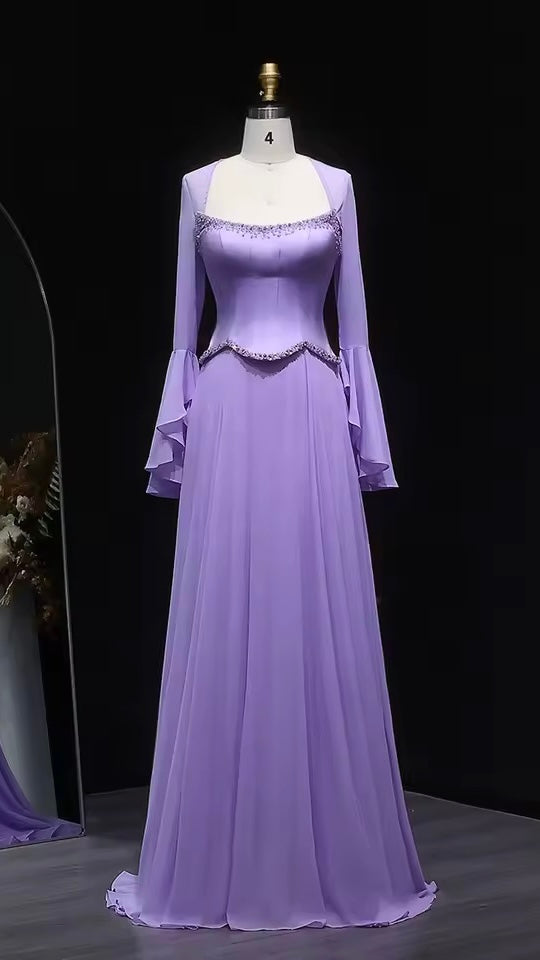 Lavender dress with flowy sleeves and soft crystal embroidery