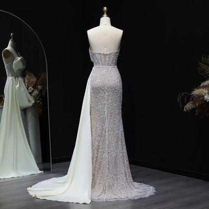 Strapless Crystal Gown with Satin Side Bow and Train