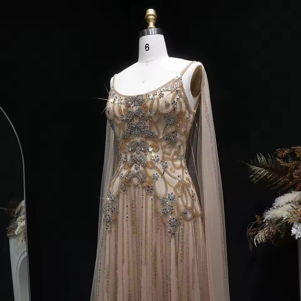 Luxury Champagne Crystal Evening Gown with Sheer Cape