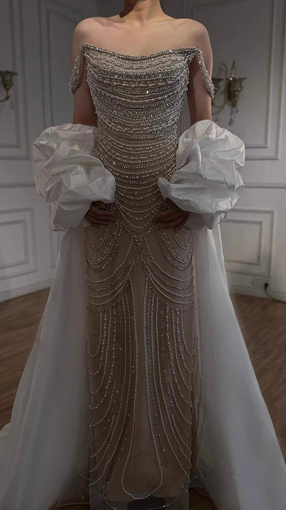 “Pearl Symphony” Luxury Crystal Gown with Flowing White Drape