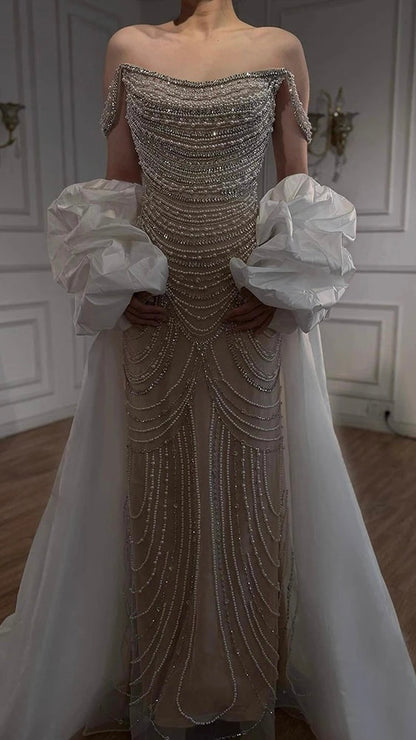 “Pearl Symphony” Luxury Crystal Gown with Flowing White Drape