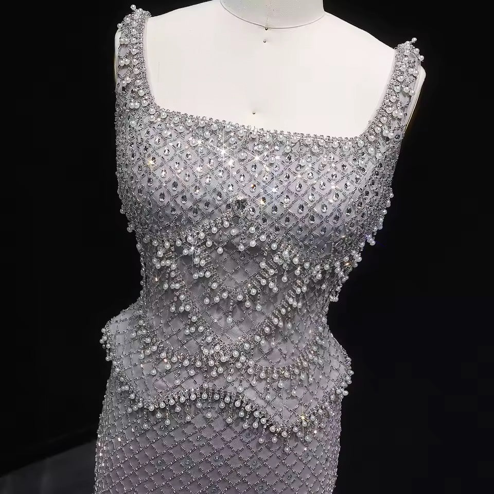 Luxury Beaded Crystal Long Straight Evening Dress