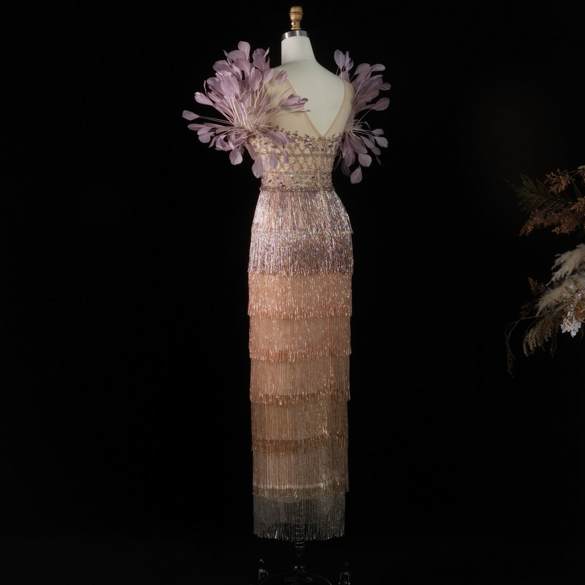 Luxurious Ombre Beaded Fringe Midi Cocktail Dress with Feather Sleeves
