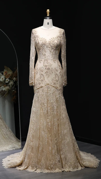 “Lace Elegance” Gown – Beaded Gold Embroidery in Mermaid Silhouette