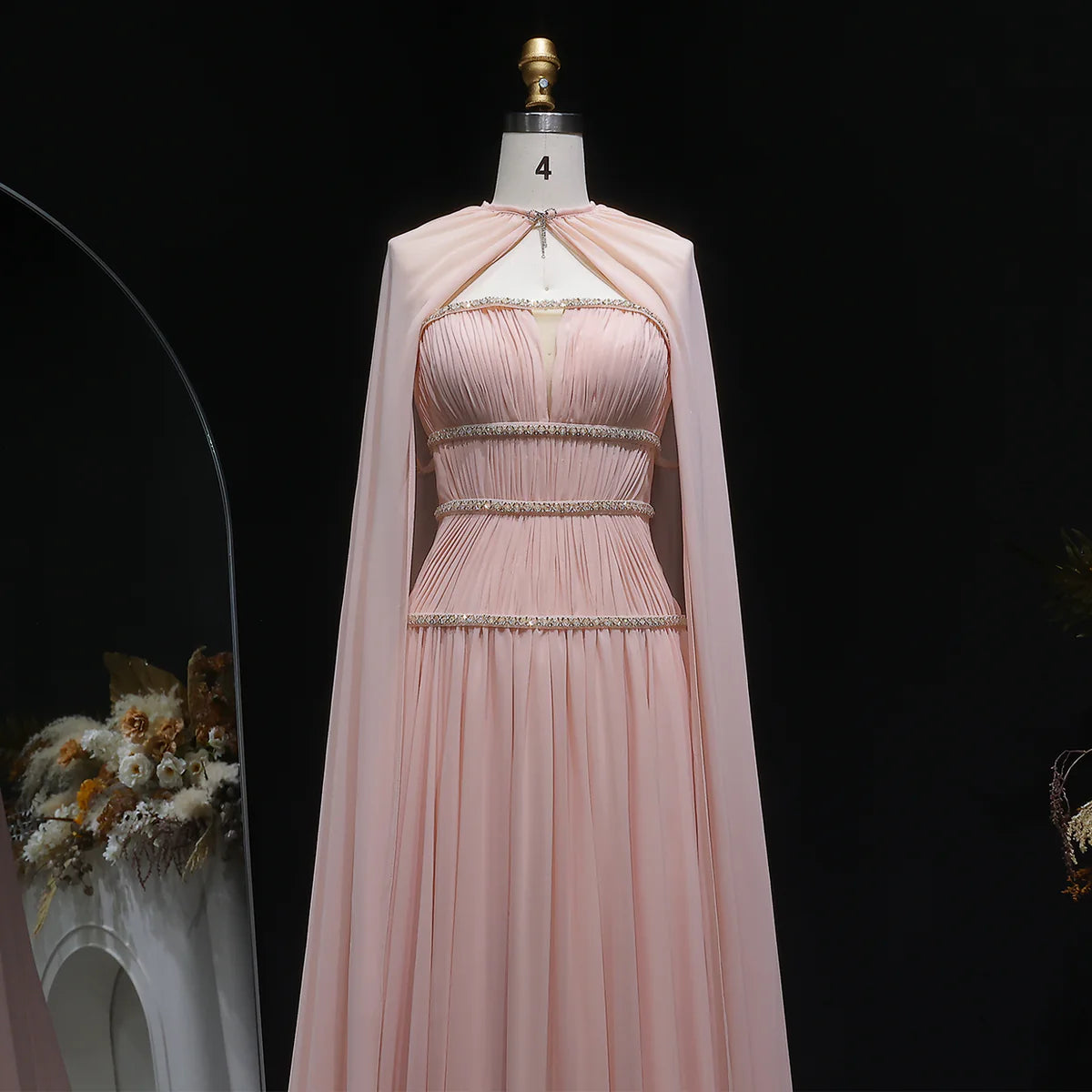 Crystal-Trimmed Cape Evening Dress