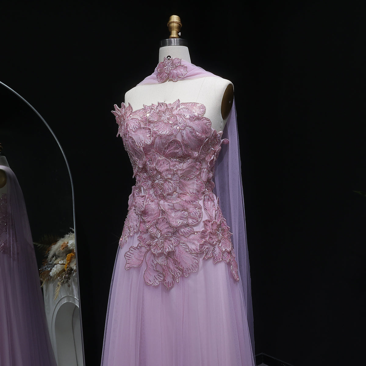 Lavender Tulle Gown with 3D Floral Appliques and Matching Neck Wrap