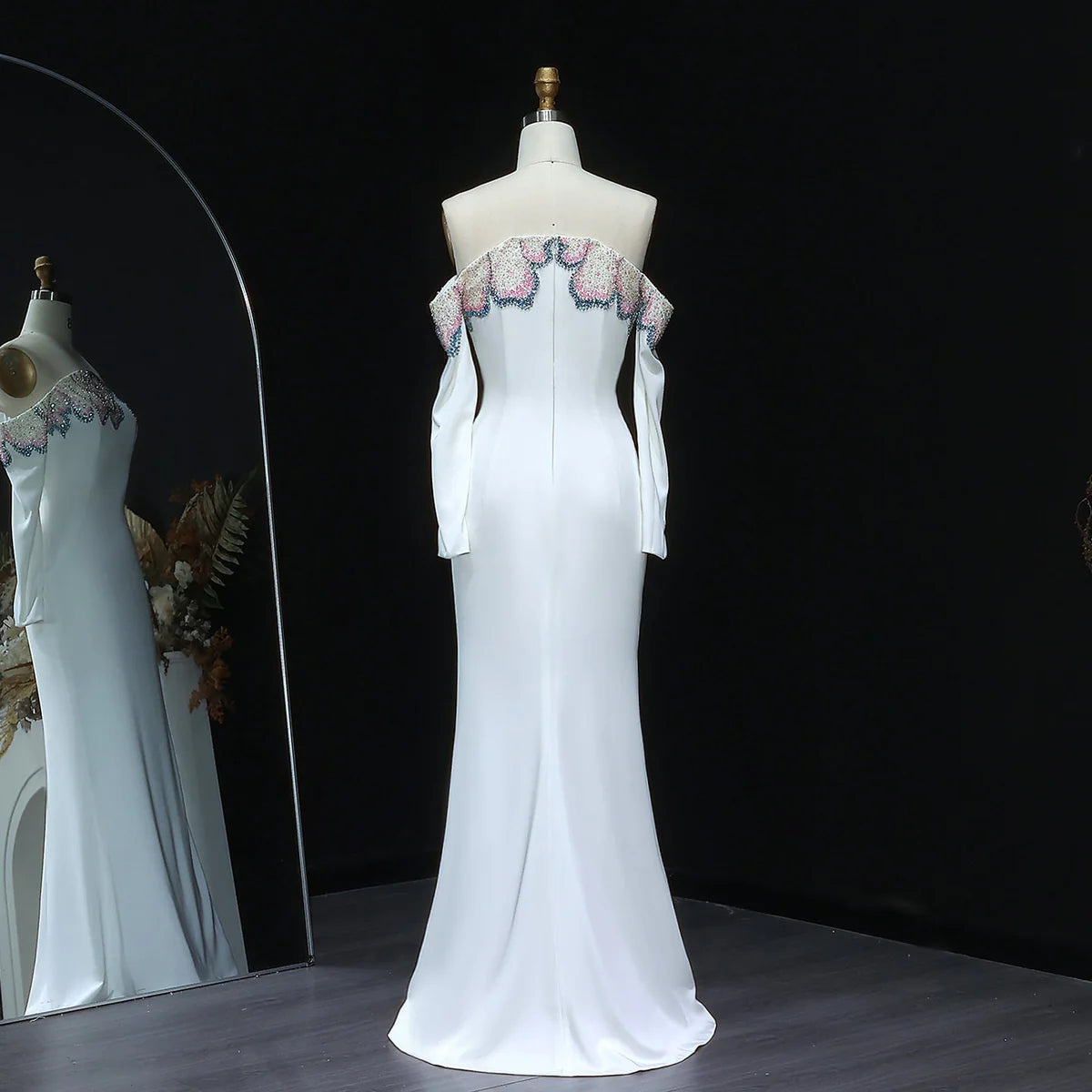 “Petal Edge” Sleek Gown with Off-Shoulder Sleeves and Crystal Floral Embroidery