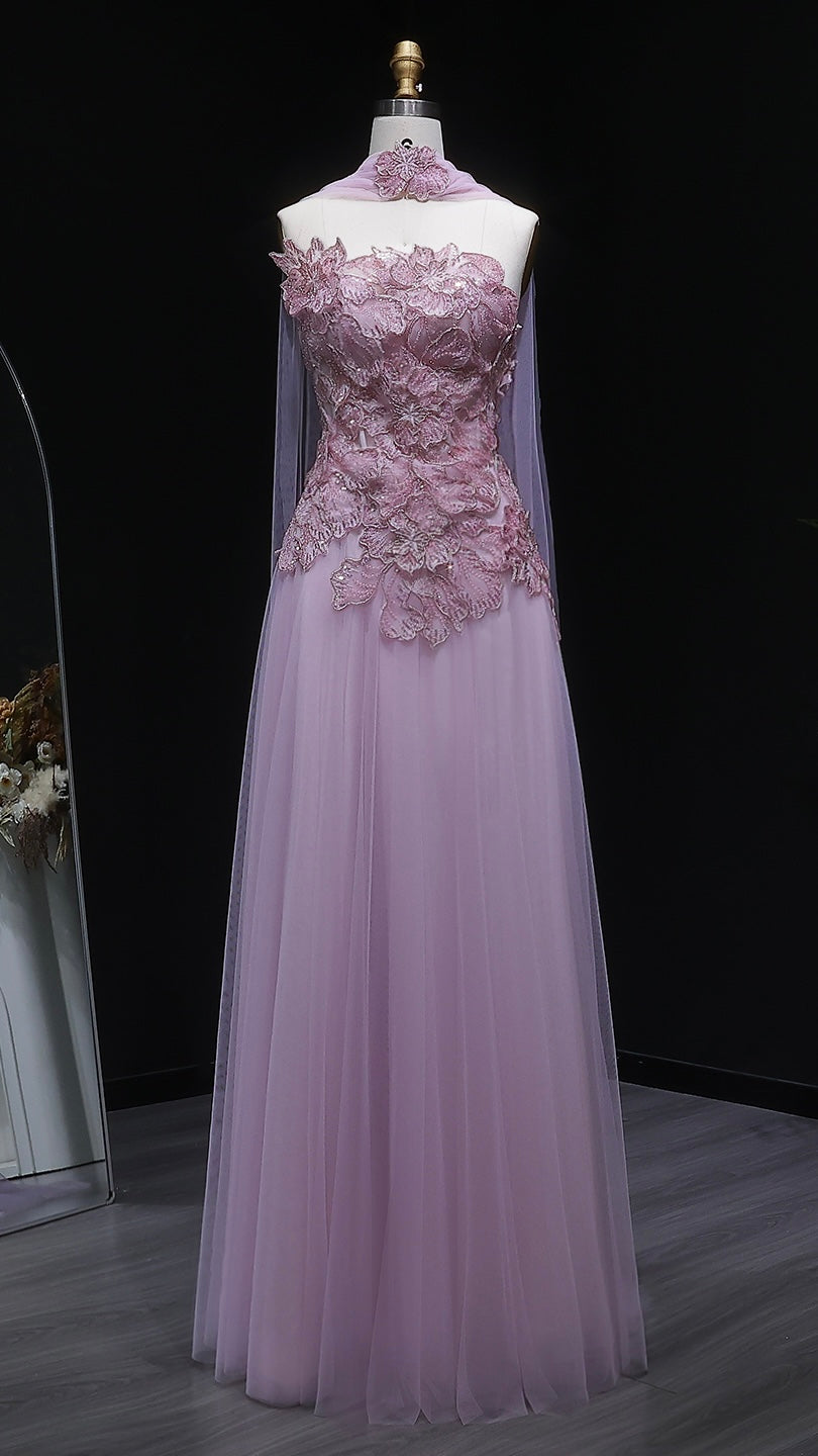Lavender Tulle Gown with 3D Floral Appliques and Matching Neck Wrap