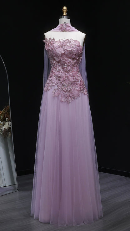 Lavender Tulle Gown with 3D Floral Appliques and Matching Neck Wrap