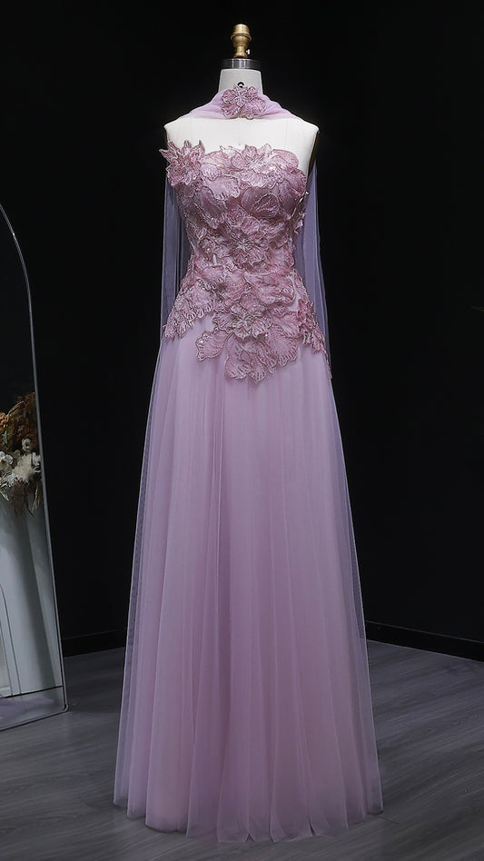 Lavender Tulle Gown with 3D Floral Appliques and Matching Neck Wrap