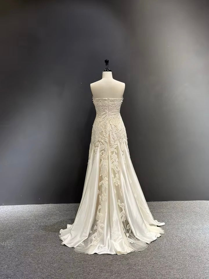 Pearl-Trimmed Strapless Gown with Lace Appliqué & Satin Panels