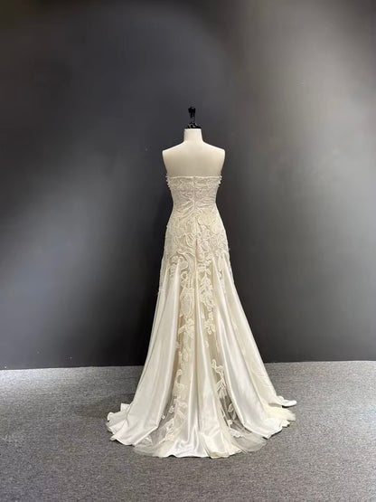 Pearl-Trimmed Strapless Gown with Lace Appliqué & Satin Panels