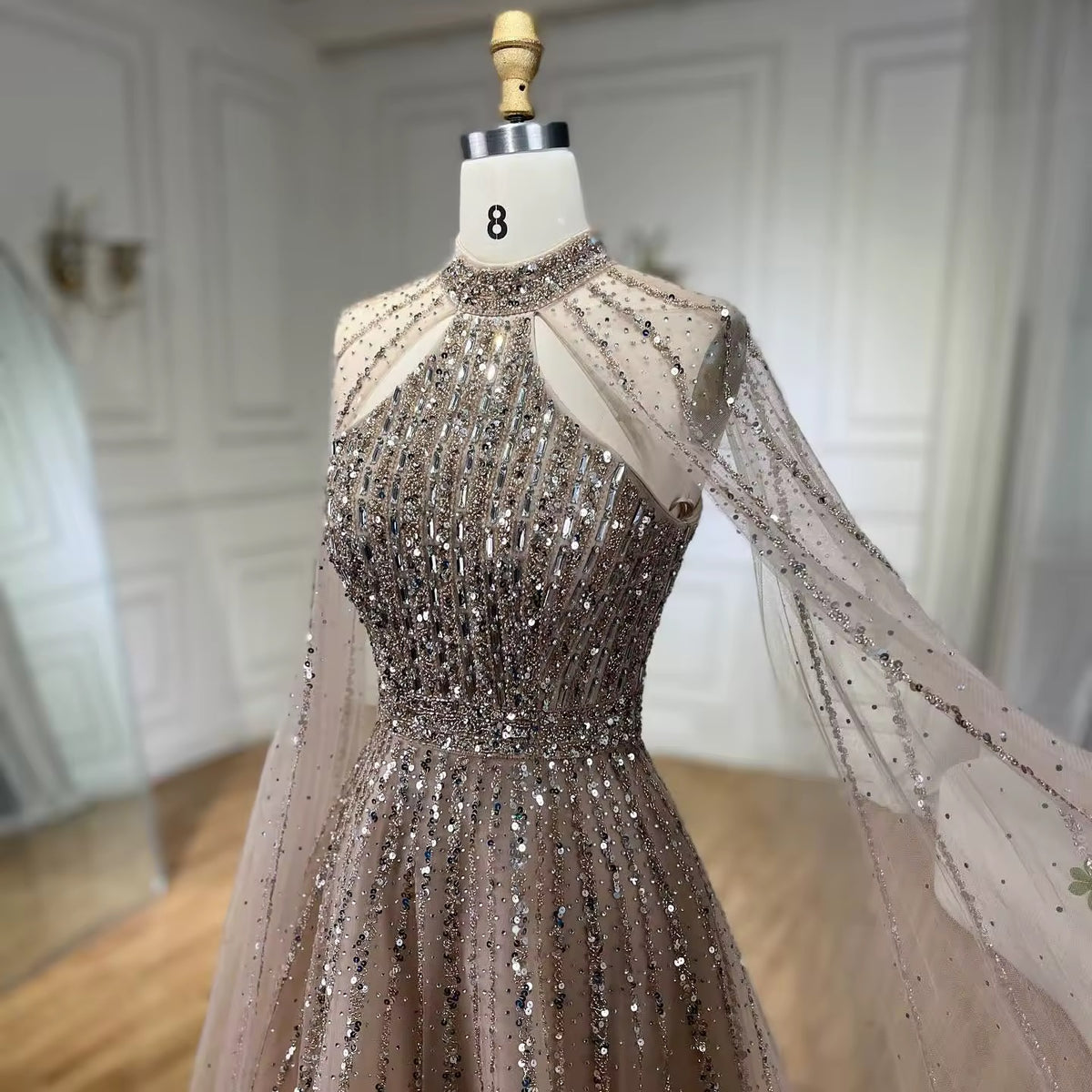 High-Neck Evening Gown with Sparkling Tulle Cape
