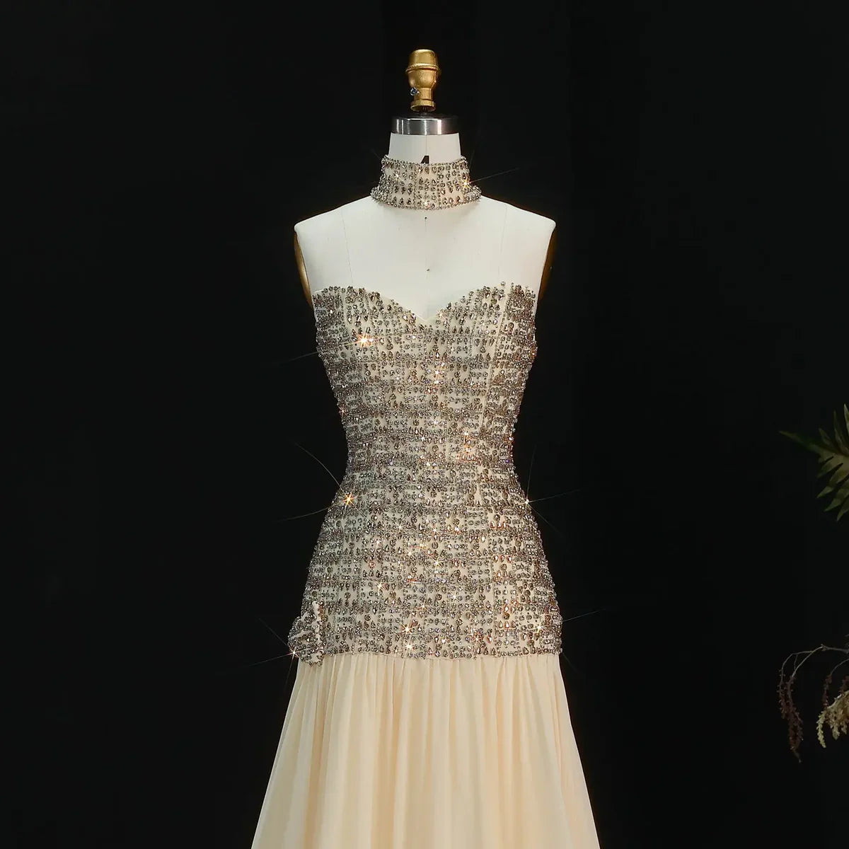 Elegant Fully-Beaded Bodice Dress with Matching Choker and Waist Bow