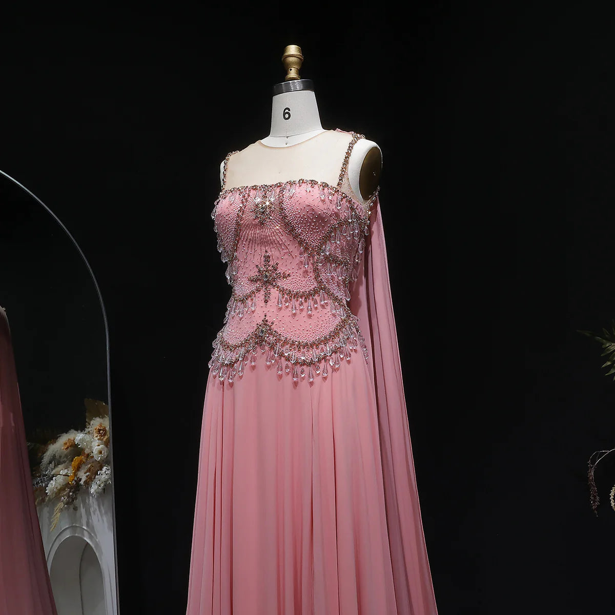 Dusty Rose Pleated Chiffon Gown with Chandelier Beading