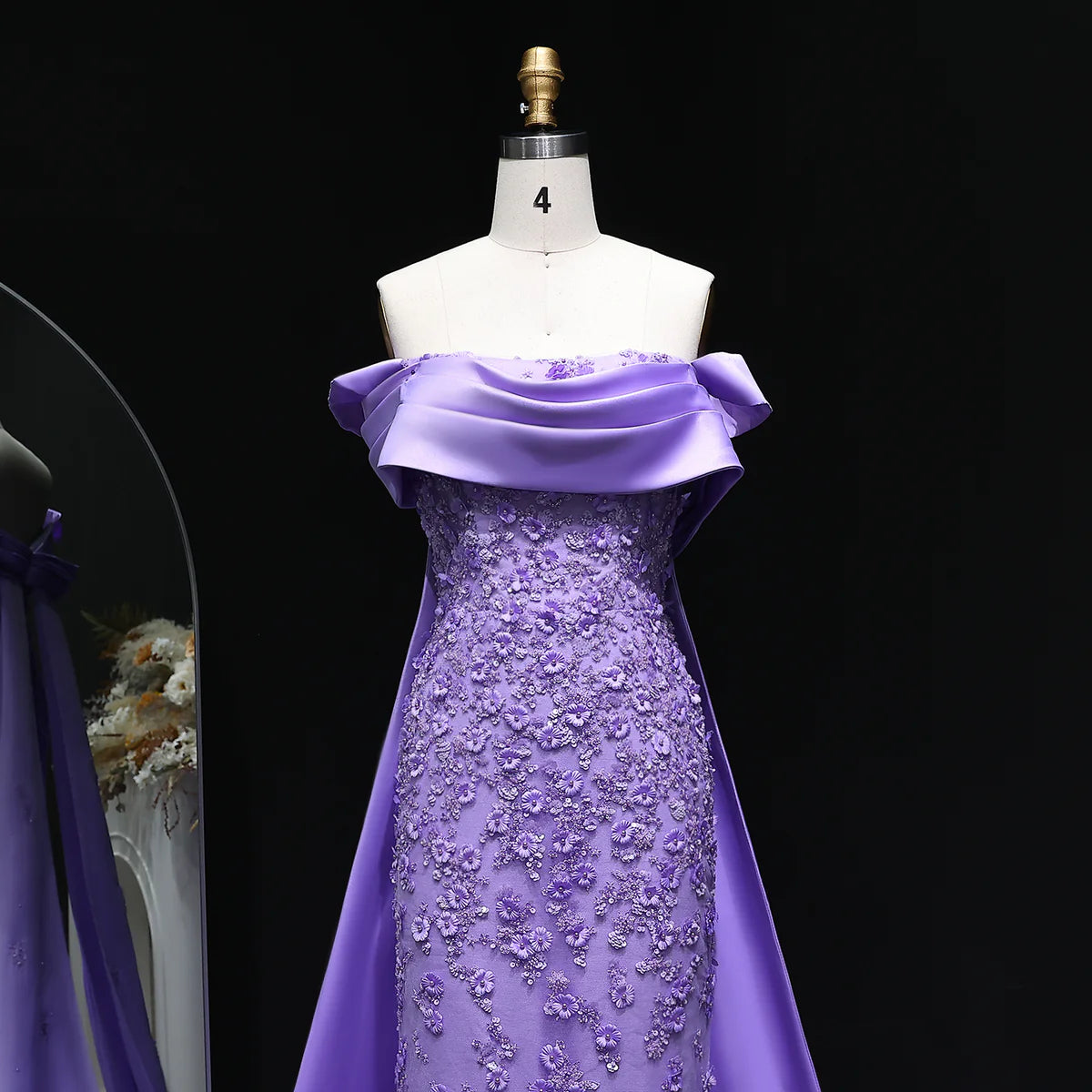 “Lilac Dawn” Gown – Royal Cut with 3D Embroidery & Luxe Train