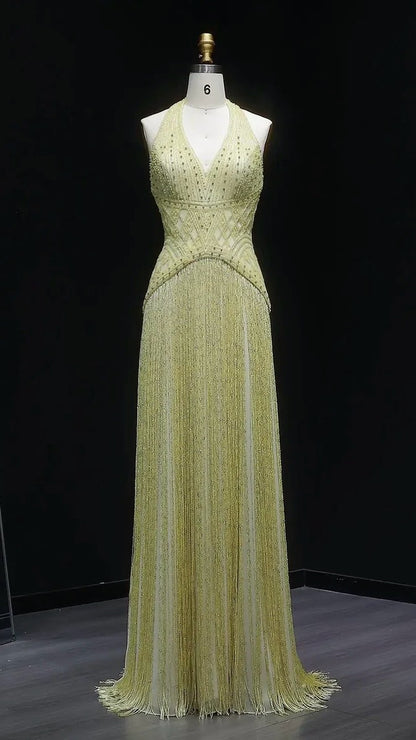 Geometric Beaded Bodice Gown with Cascading Bead Fringes