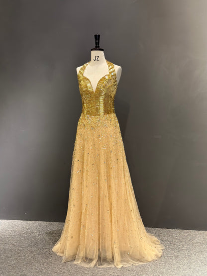 Hand-Embroidered Gold Halter Tulle Couture Gown