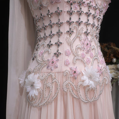 Dusty Pink One-Shoulder Beaded A-Line Evening Dress
