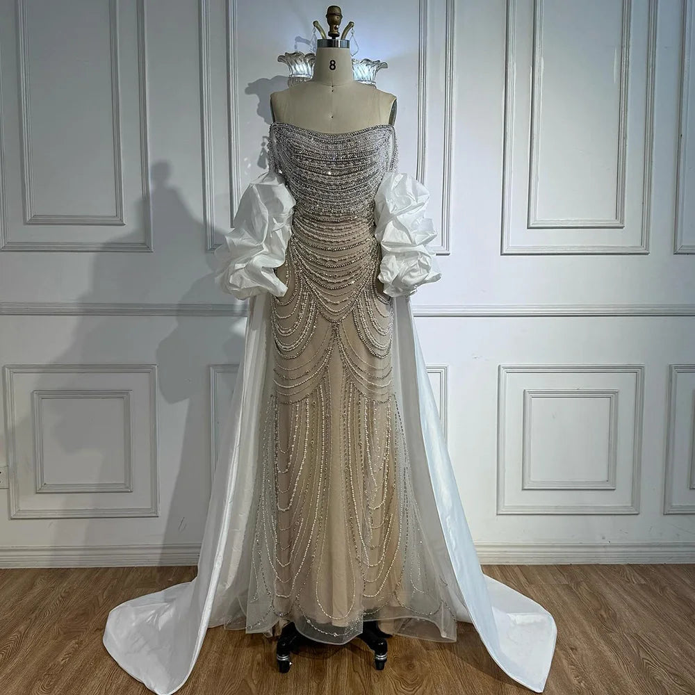 “Pearl Symphony” Luxury Crystal Gown with Flowing White Drape