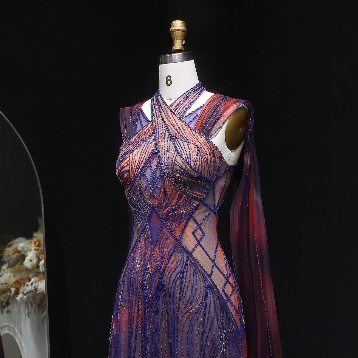 “Sunset Glow” Gown Hand Embroidered Luxury Dress in Violet & Fire Tones with Flowing Cape