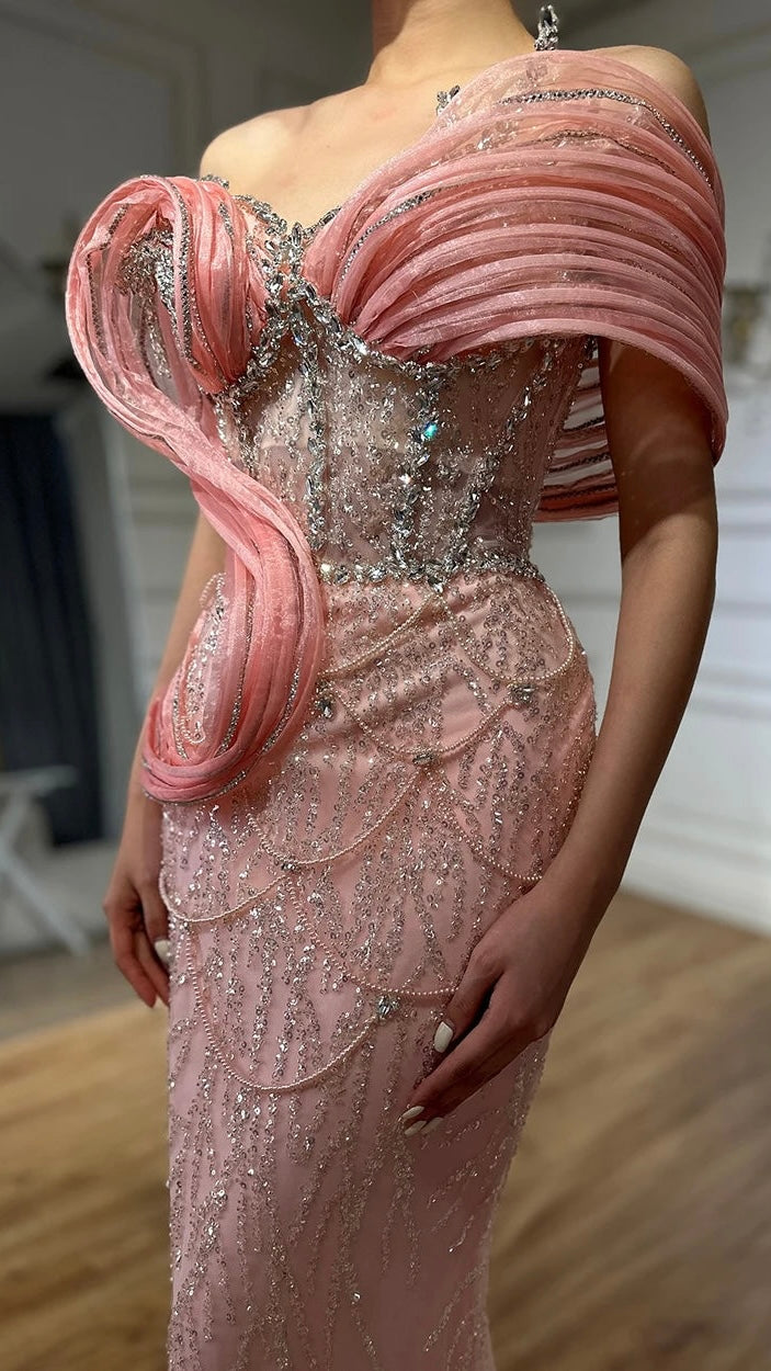 Pink Mermaid Sleeveless Beaded Evening Dress