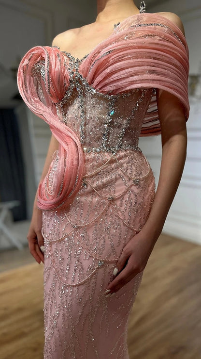 Pink Mermaid Sleeveless Beaded Evening Dress