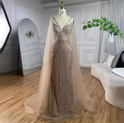 Mermaid Elegant Cape Sleeves Luxury Evening Dress