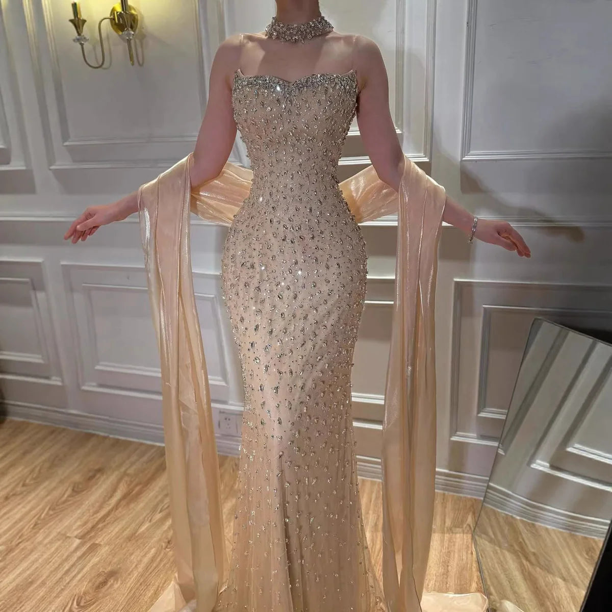 Royal Full-Crystal Mermaid Gown with Flowing Shoulder Cape