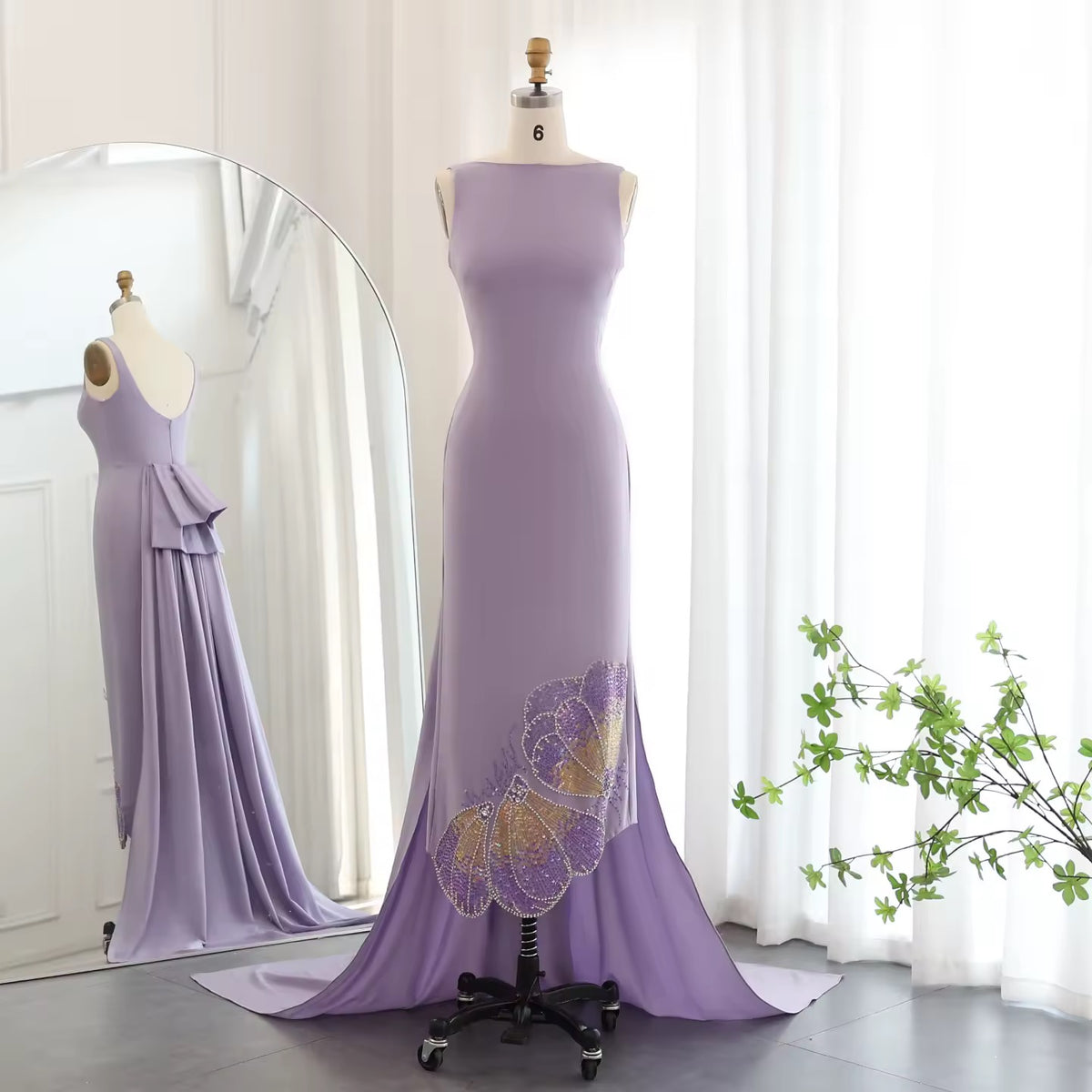Elegant Fitted Gown with Beaded Butterfly Detail