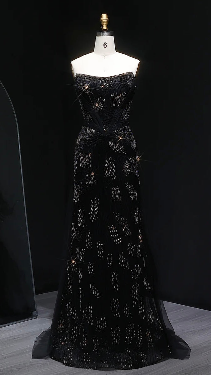 “Galaxy Shadows” Gown – Black Sparkling Strapless Elegance