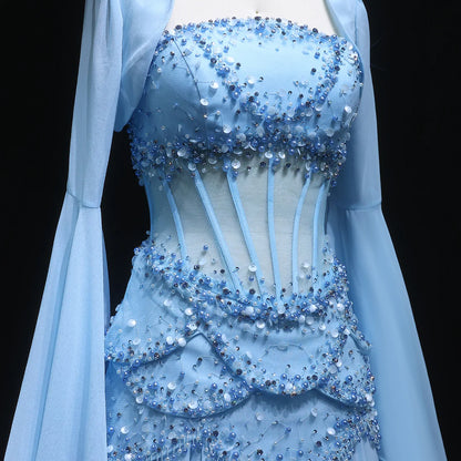 Sky Blue Layered Corset Dress with Pearls and Beads