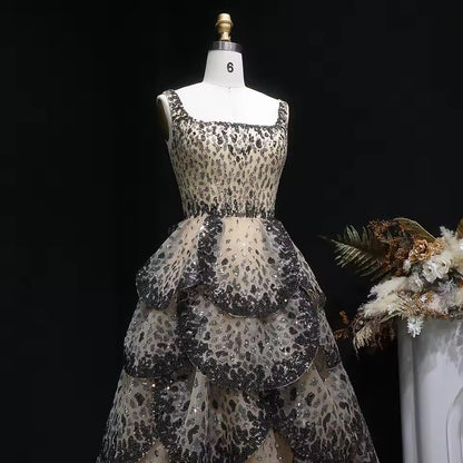 Luxury Champagne & Black Sequin Gown with Scalloped Tiers
