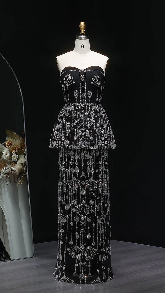 “Black Royale” Strapless Gown with Crystal Peplum and Full Embellished Skirt