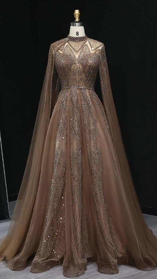Luxury Evening Dress with Cape Sleeves Brown