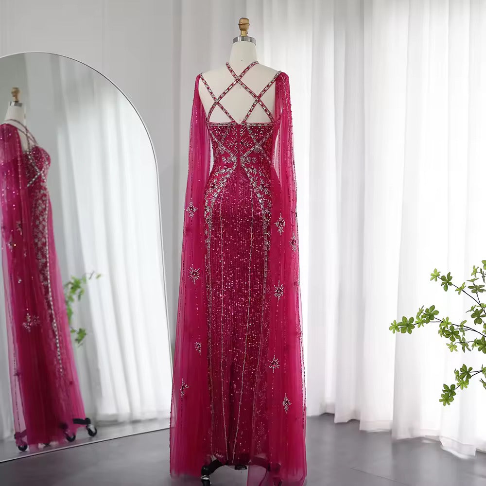 Elegant Beaded Gown with Open Sleeves and Crystal Detailing