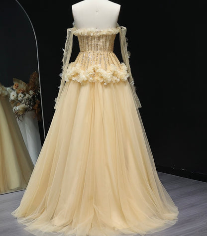 Elegant gold dress with gloves